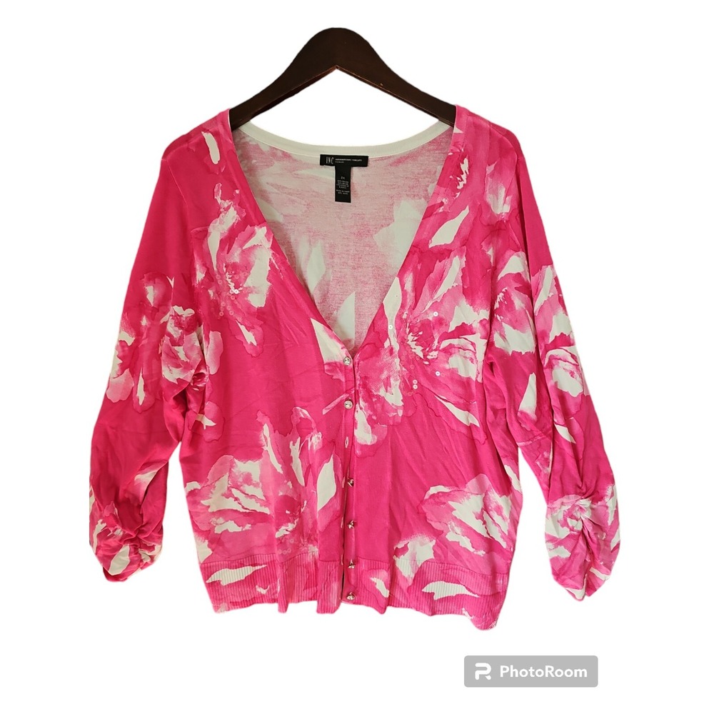INC International‎ Concepts Long Sleeve Button Front V Neck Pink Floral Cardigan
